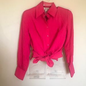 Vintage blouse Medium Bright Pink Rayon Nylon Crinkle Crepe button up shirt